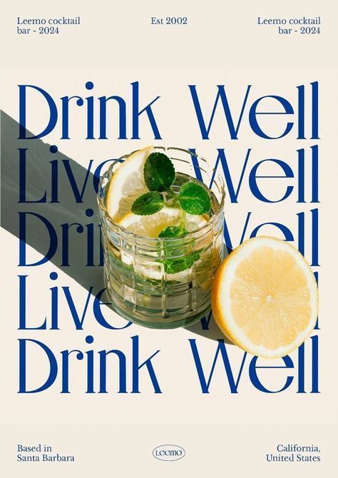 Glass of lemon mint cocktail with Drink Well Live Well text in bold lettering, promoting Leemo cocktail bar 2024.
