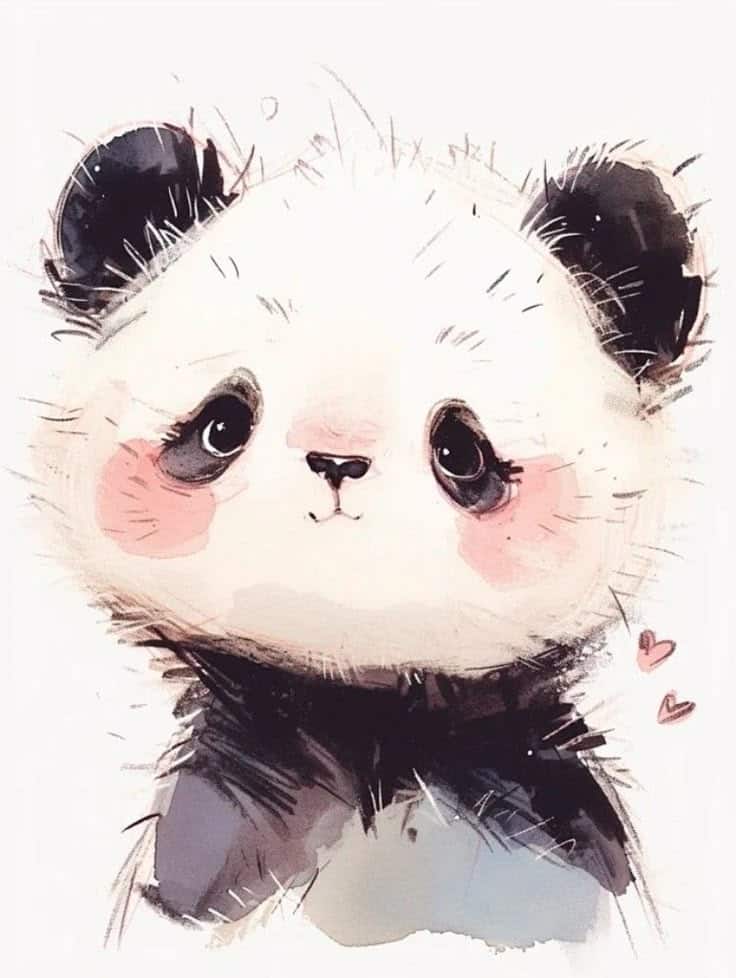 Cute watercolor-style baby panda illustration with rosy cheeks and hearts, featuring a fluffy and lovable expression.