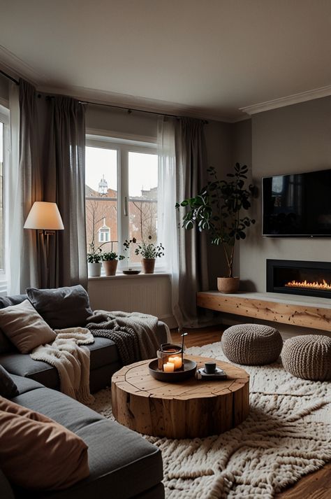 Cozy living room with a fireplace, gray sofa, wooden coffee table, and large windows. Warm, inviting decor enhances comfort.