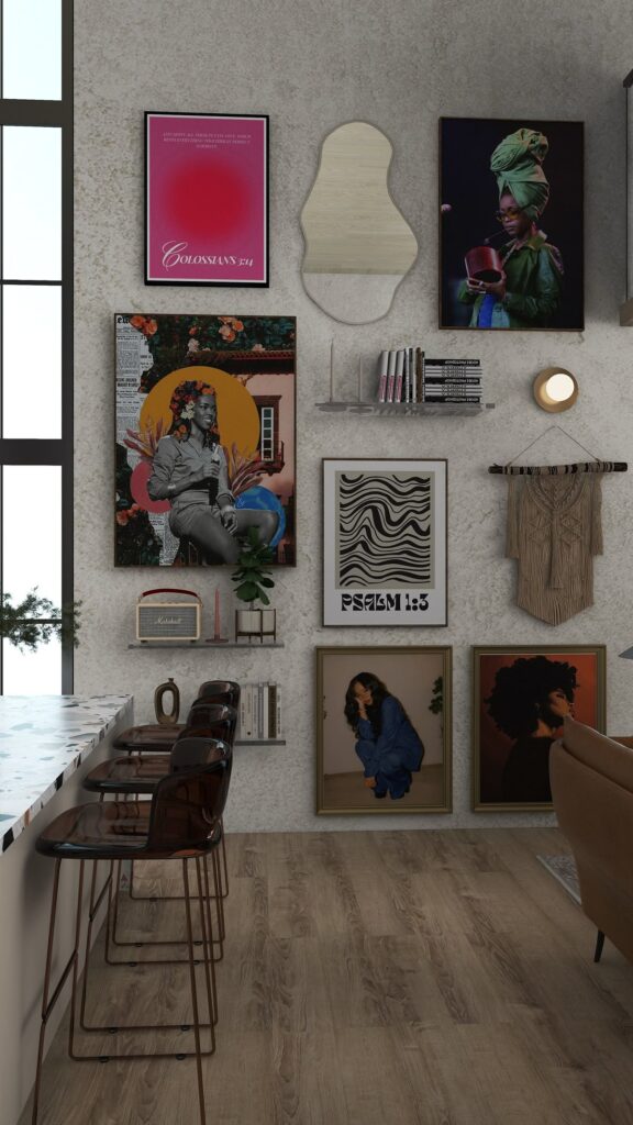 Modern living room with eclectic wall art, bookshelves, and stylish decor accents.