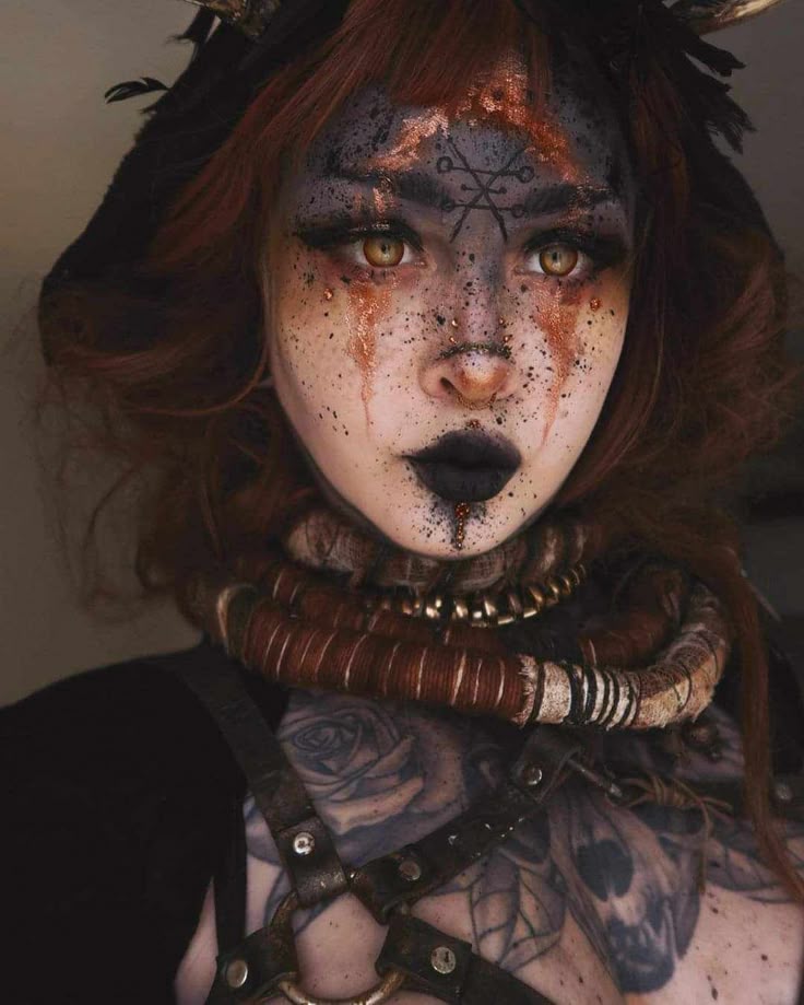 Mystical makeup with intricate face paint and gothic accessories, featuring dark lips and captivating eyes.