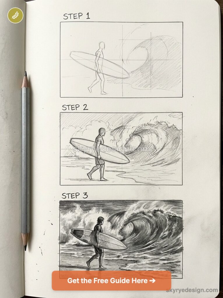 Three-step pencil sketch tutorial of a surfer carrying a surfboard toward a large breaking wave, step-by-step drawing.