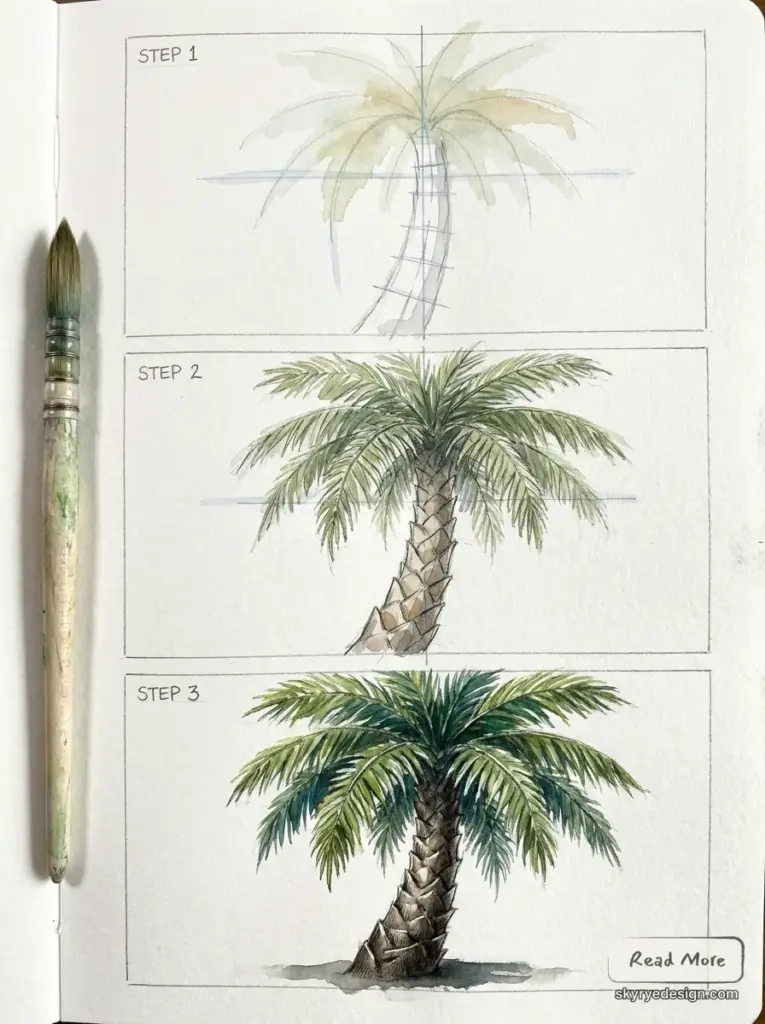 Watercolor palm tree tutorial in three steps: sketch, mid-tone, finished painting with brush