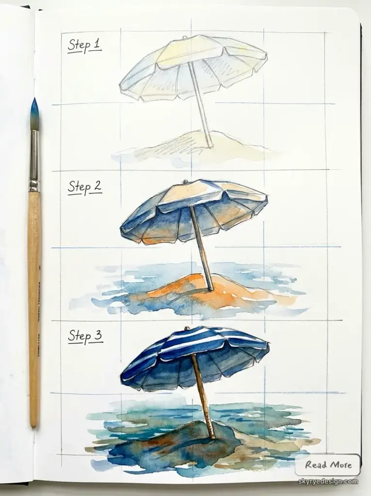 Sketchbook watercolor tutorial showing three steps of a blue beach umbrella, paintbrush at left
