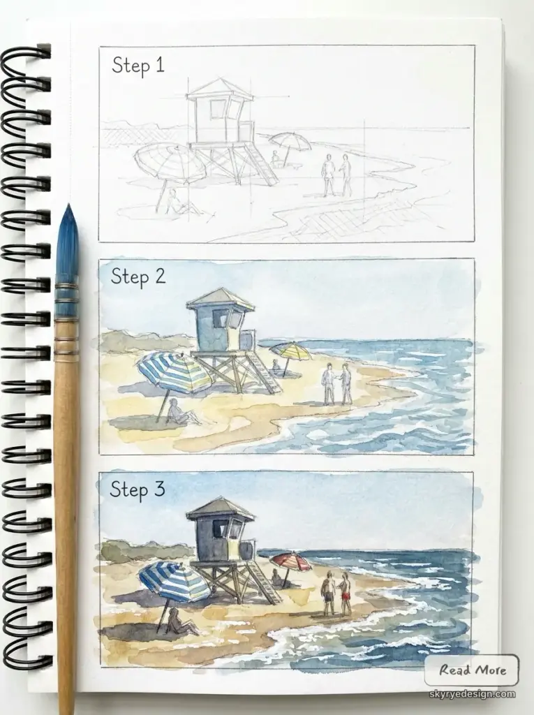 Step-by-step watercolor beach painting in a sketchbook: pencil, washes, finished lifeguard tower, umbrellas, ocean.