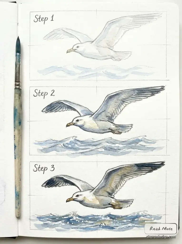 Watercolor seagull tutorial, step-by-step sketchbook guide with paintbrush and ocean waves