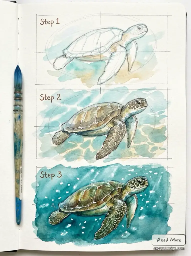 Watercolor sea turtle tutorial: step-by-step painting progression in sketchbook with paintbrush