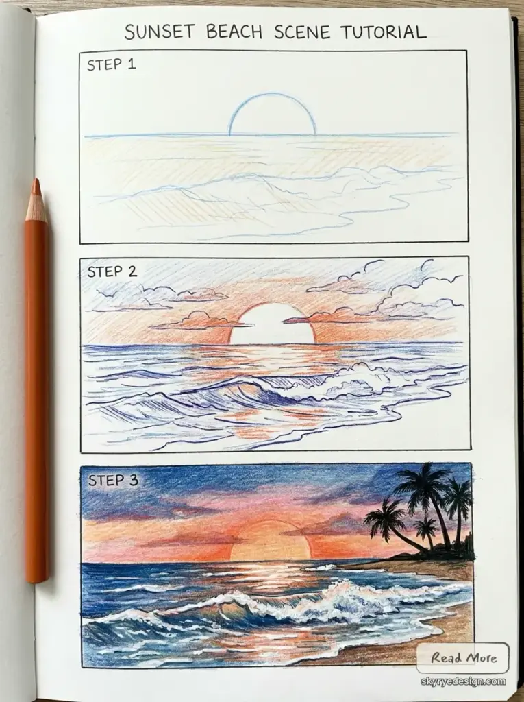 Sketchbook sunset beach tutorial: 3-panel colored-pencil steps showing sun, waves, clouds and palm trees