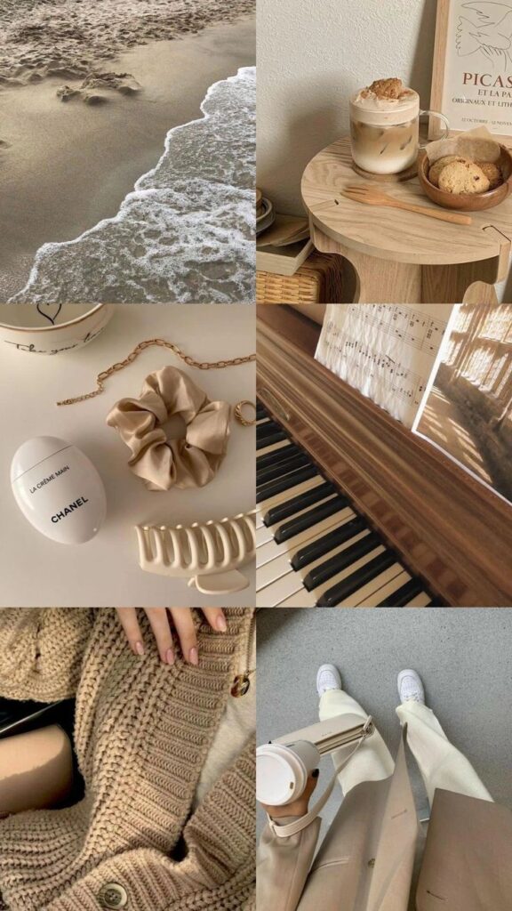 Collage of cozy beige aesthetics: beach, coffee, fashion, accessories, piano, and knit sweater. Warm, minimalist vibes.