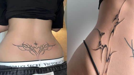 best female tattoos Lower back tattoo designs in black ink, featuring intricate tribal and heart patterns. | Sky Rye Design Lower back tattoo designs in black ink, featuring intricate tribal and heart patterns.