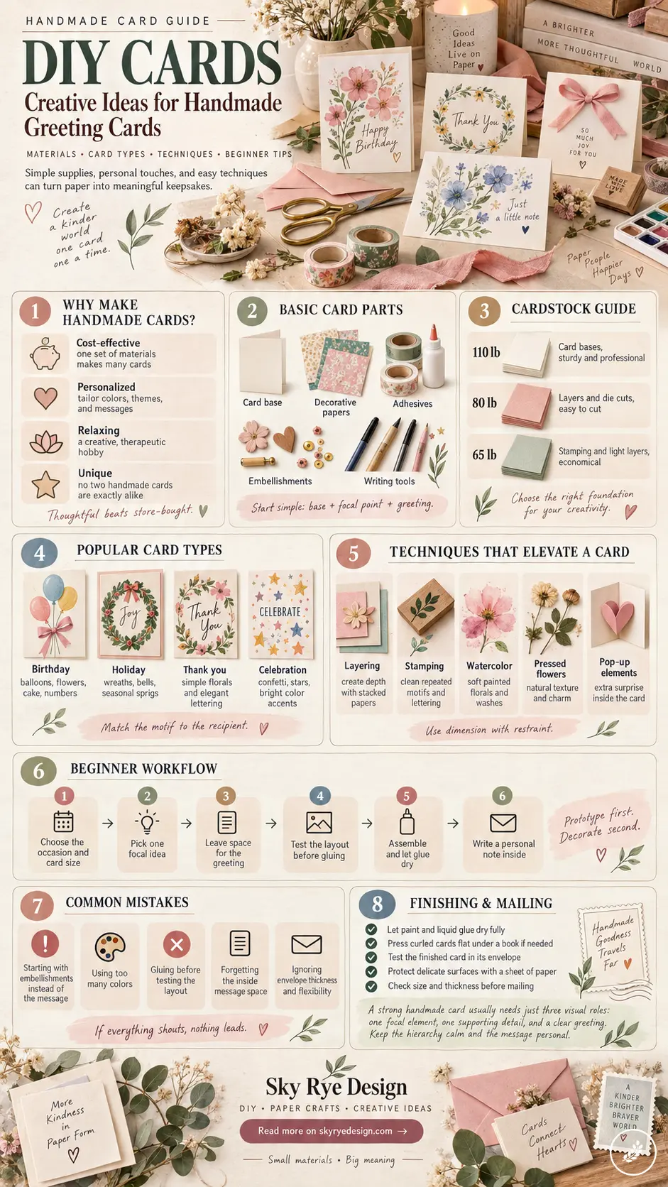 Infographic guide to DIY greeting cards covering materials, paper weights, techniques, a 6-step workflow, and mailing tips
