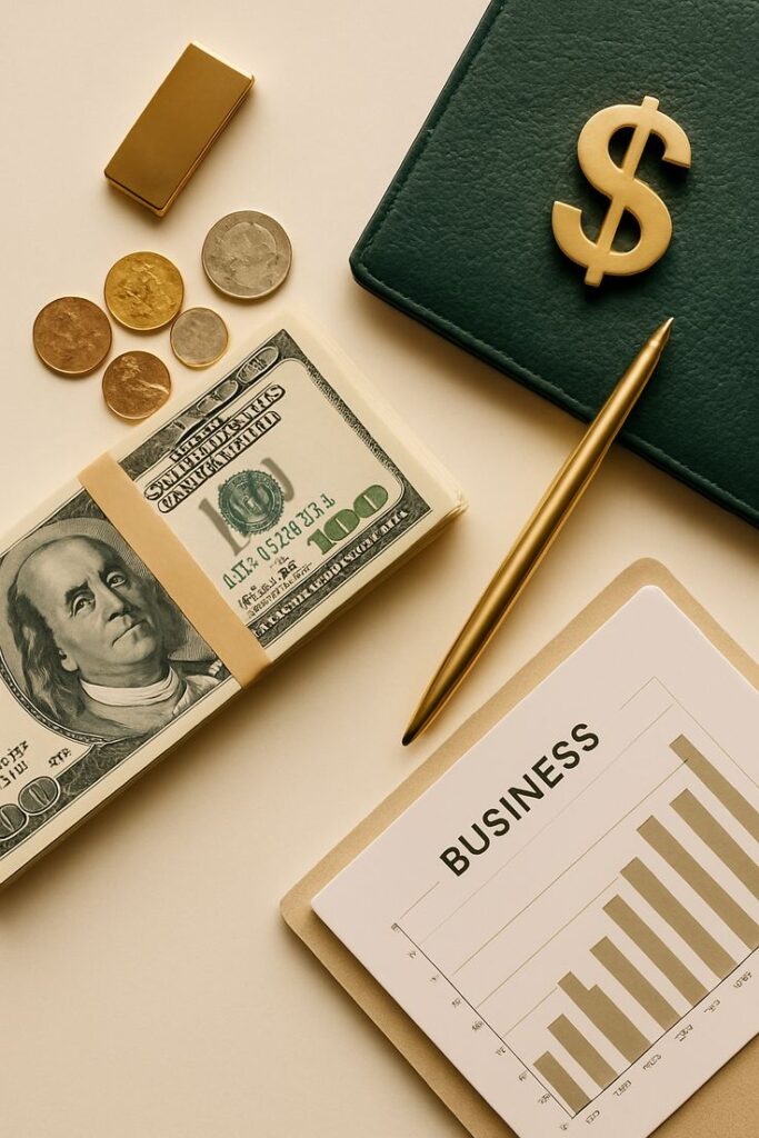 Financial essentials: currency, coins, gold bar, graph, and pen on beige background. Business growth concept.
