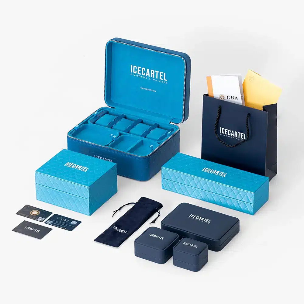 Luxury watch and jewelry packaging set from Icecartel, featuring various blue boxes, pouches, and a branded gift bag.