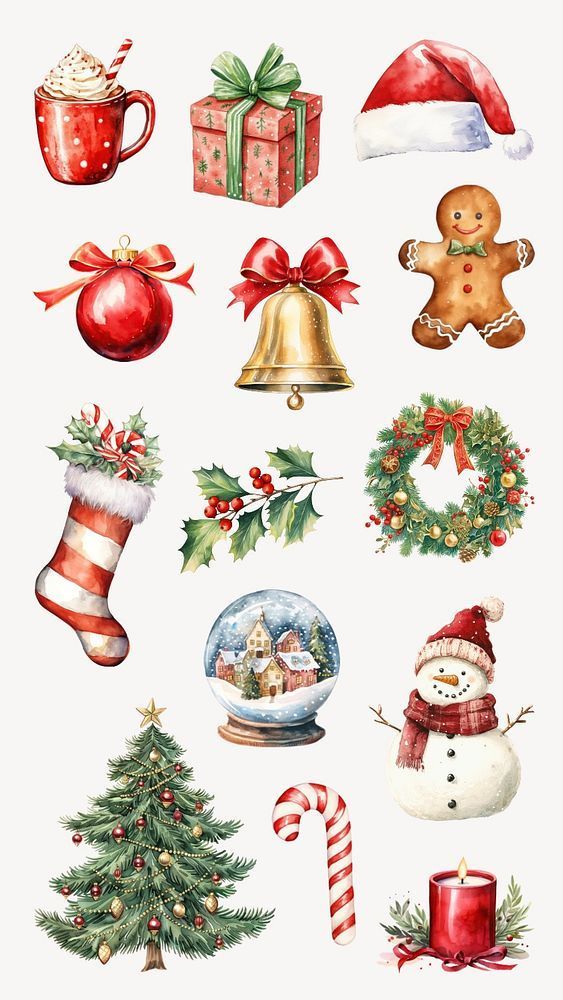 Editable watercolor Christmas decoration design element set Festive Christmas icons including a snowman, gingerbread man, wreath, tree, bell, gift, and more holiday decorations. | Sky Rye Design Festive Christmas icons including a snowman, gingerbread man, wreath, tree, bell, gift, and more holiday decorations.