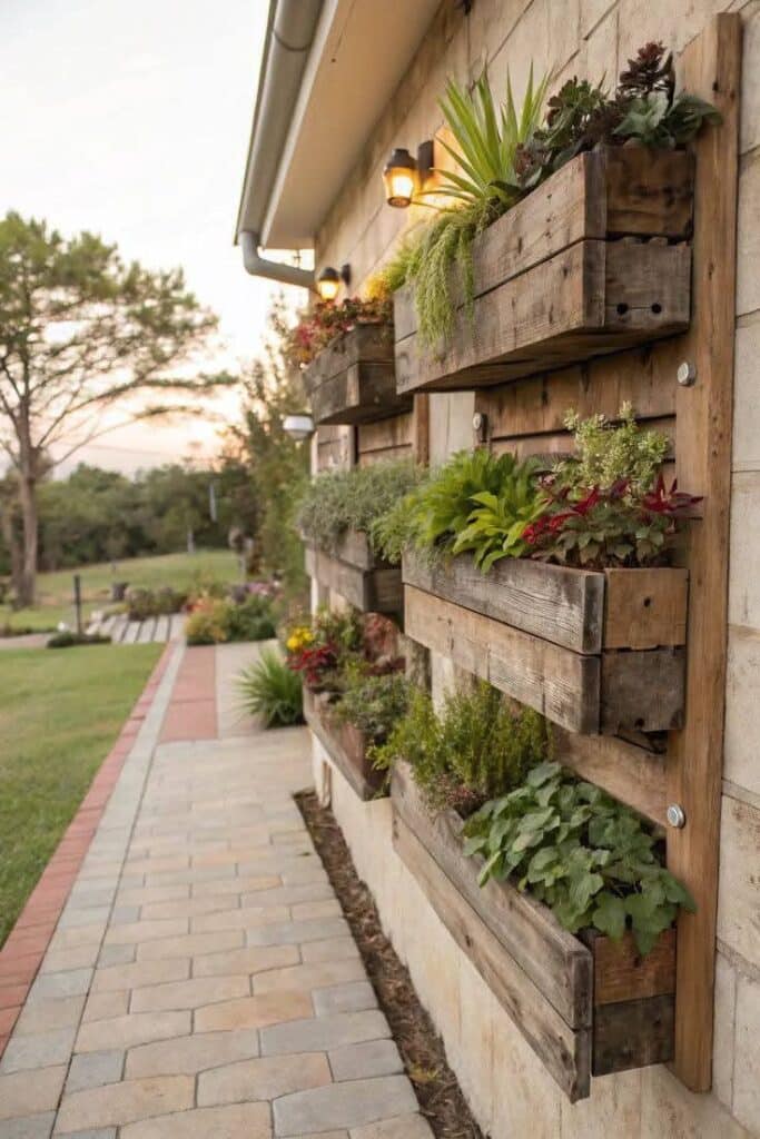 c055b4ad63bf5f0a5b49044b08a3025e Vertical garden on a patio wall with wooden planters holding lush greenery, enhancing the outdoor space at sunset. | Sky Rye Design Vertical garden on a patio wall with wooden planters holding lush greenery, enhancing the outdoor space at sunset.