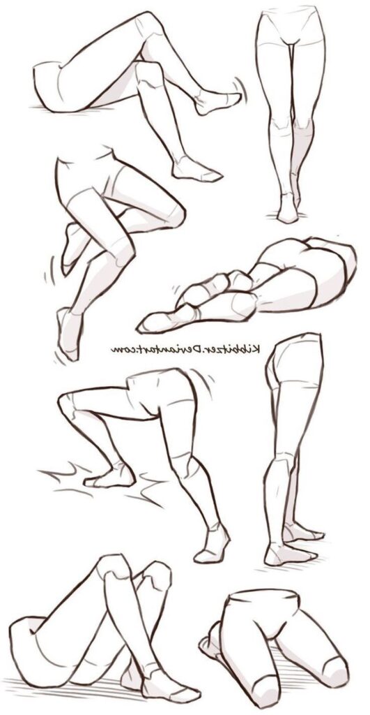 Sketch of human legs in various poses, showcasing anatomy and movement for drawing references.