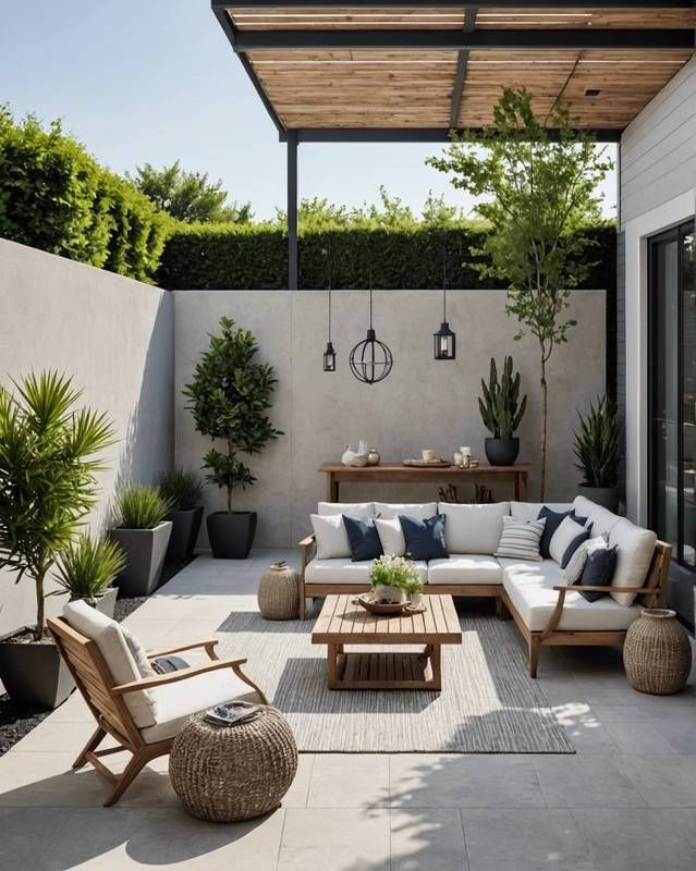 Modern patio oasis with cozy seating, wooden furniture, potted plants, and hanging lights for outdoor relaxation.