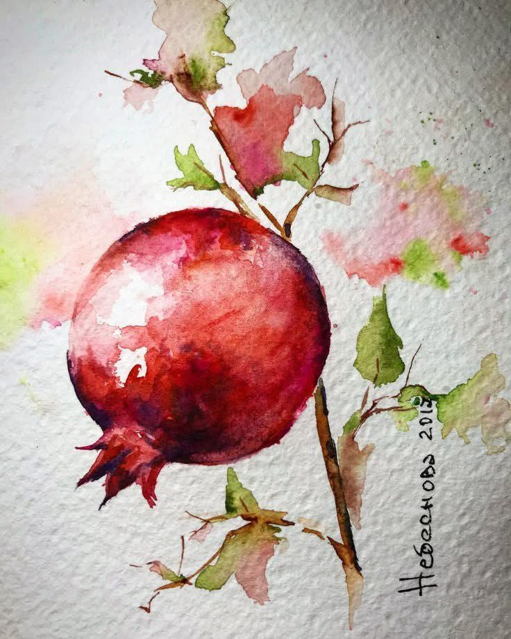Watercolor painting of a vibrant pomegranate on a branch with leaves.
