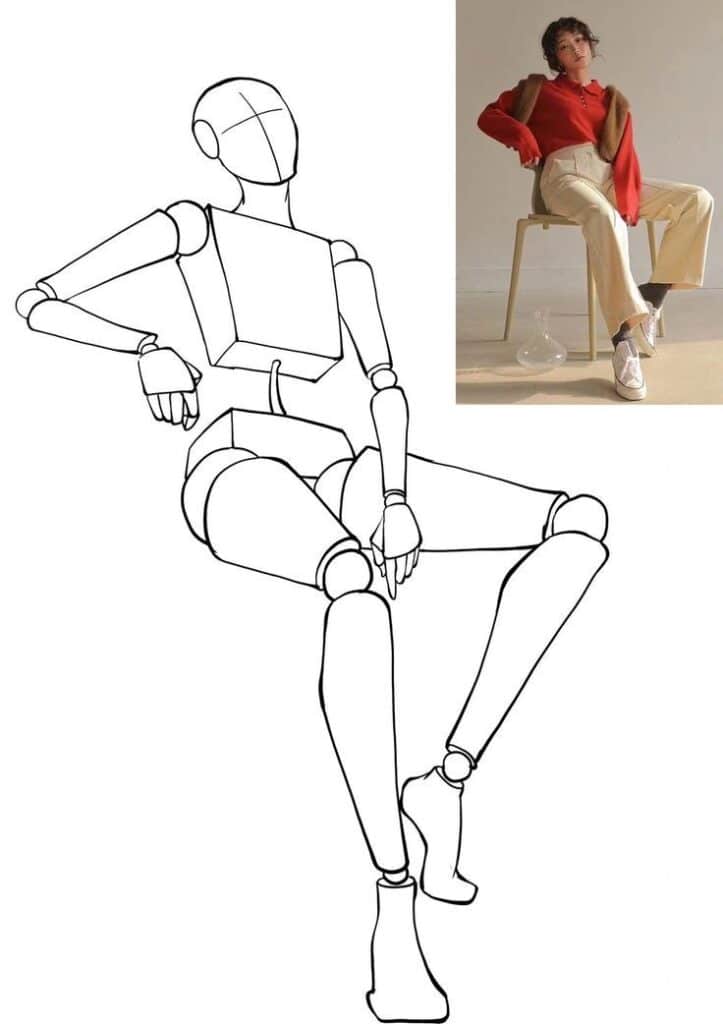 Line art drawing of seated mannequin and photo of person in red sweater and beige pants sitting on a chair.