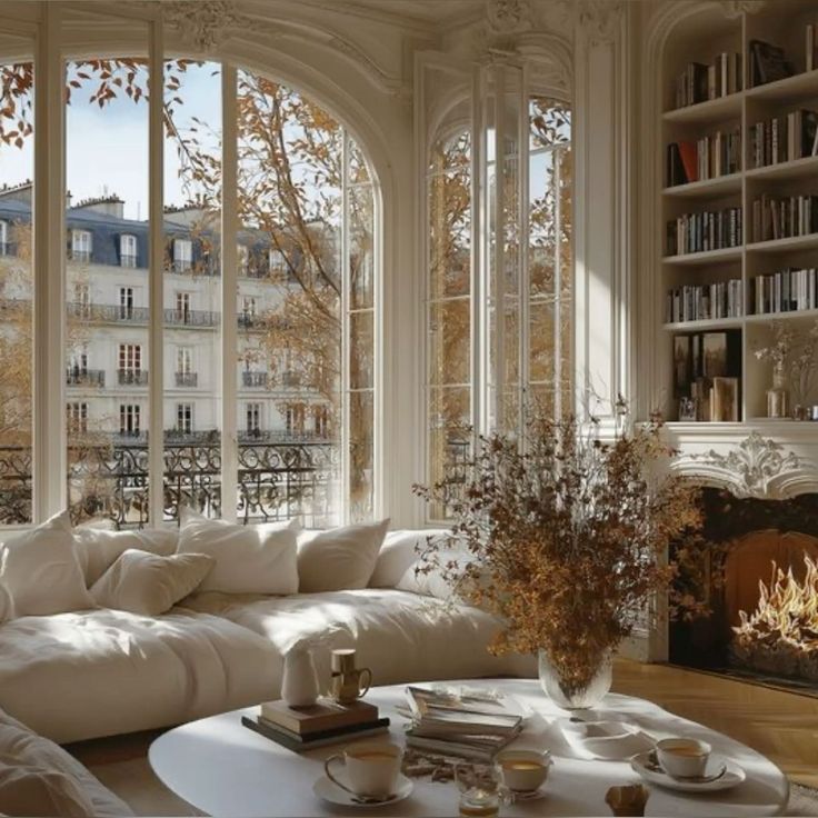 Cozy Parisian living room with plush sofa, bookshelves, elegant fireplace, and large windows overlooking autumn scenery.
