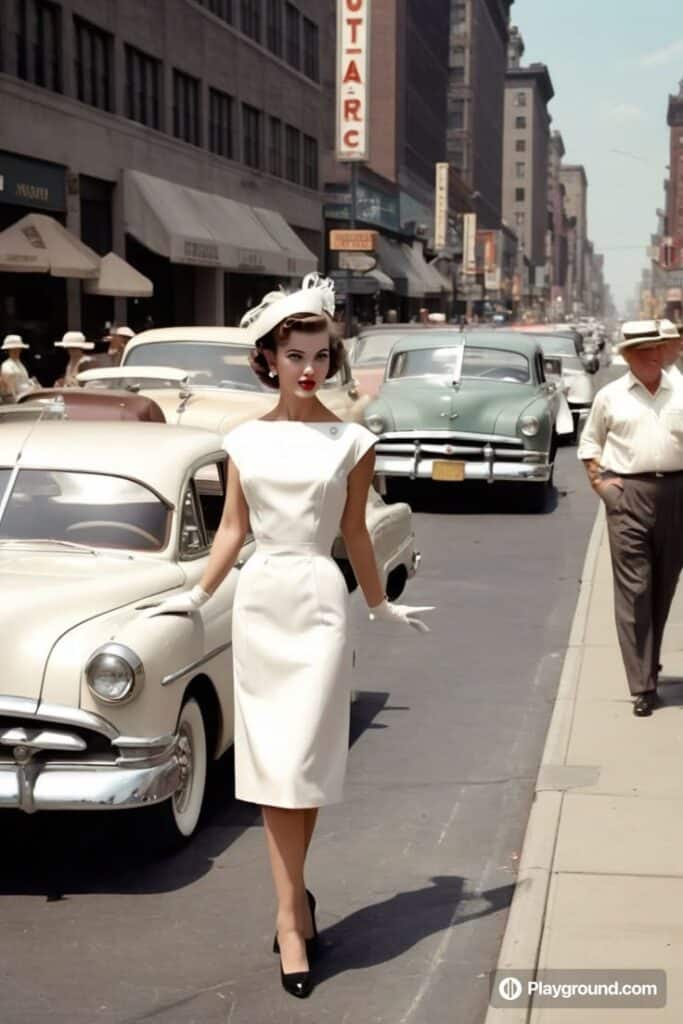 Vintage fashion: Elegant woman in white dress and hat walking on a 1950s bustling city street amidst classic cars.