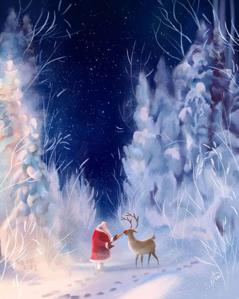Santa in snowy forest feeding reindeer with stars overhead, creating a magical winter scene.