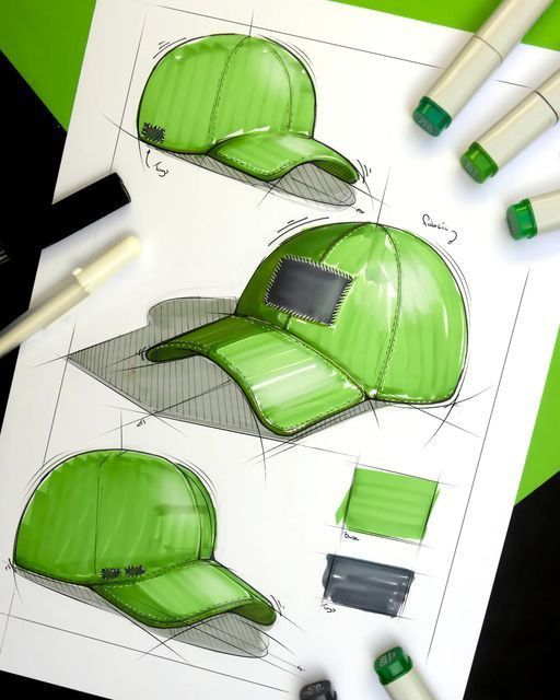 c3c2acb1-6471-49eb-a2e0-16a6bb700cb0 Sketch of a green baseball cap design with markers and shading details on white paper. | Sky Rye Design Sketch of a green baseball cap design with markers and shading details on white paper.