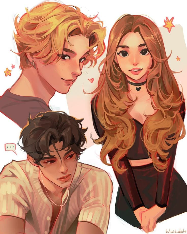 Anime-style illustration of three characters with different hair colors and expressions, surrounded by little icons.