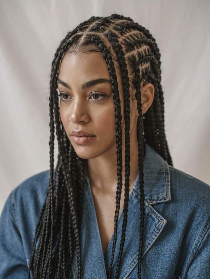 Young woman with intricate braids wearing a denim jacket, looking pensive against a neutral background.