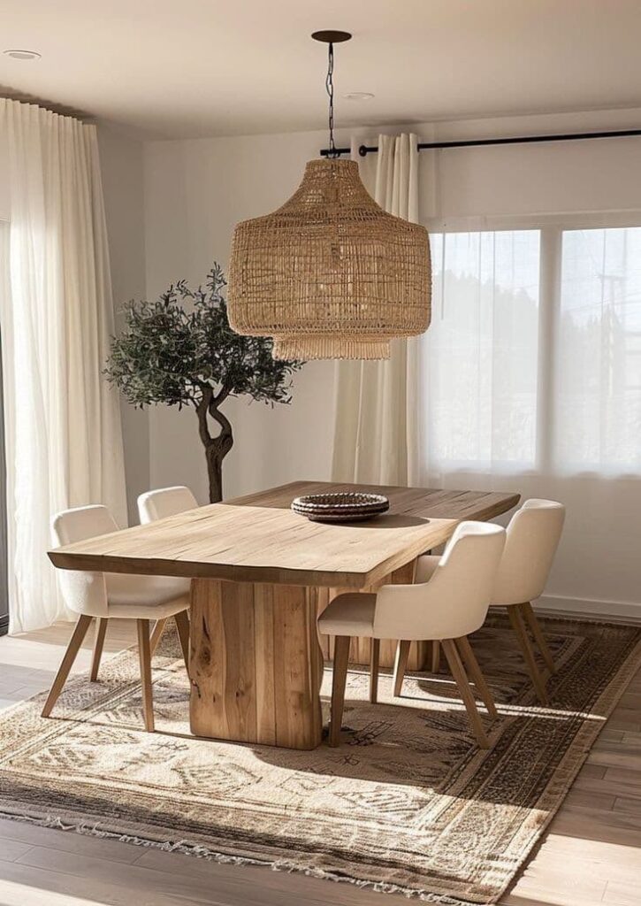 Minimalist dining room with wooden table, wicker pendant light, six white chairs, and an indoor plant.