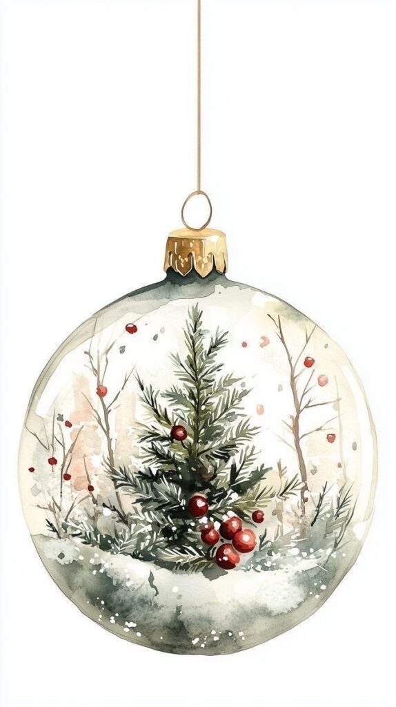 c5cdd981-033a-452a-ba7c-20e219a2a5c2 Watercolor Christmas ornament depicting a snow-covered tree with red berries, perfect for holiday decoration ideas. | Sky Rye Design Watercolor Christmas ornament depicting a snow-covered tree with red berries, perfect for holiday decoration ideas.