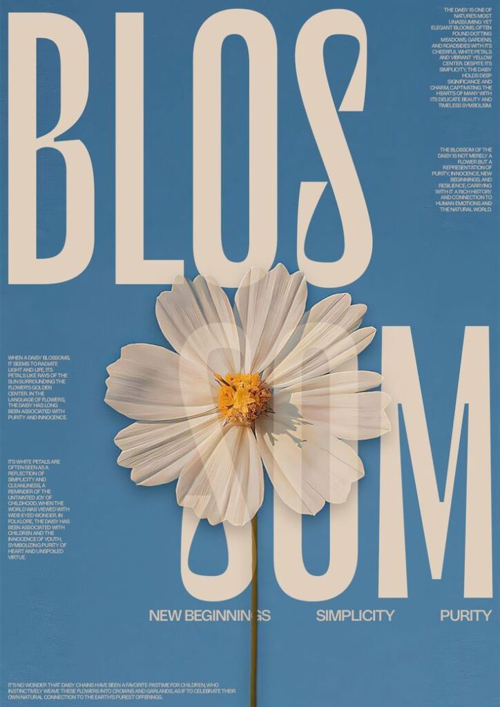 White daisy blossom on blue background with large text reading BLOSSOM, symbolizing new beginnings, simplicity, purity.