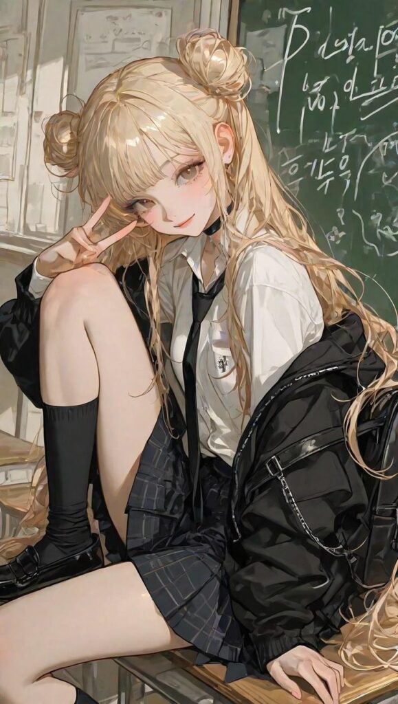 c69eff3d-533a-4a83-8ec6-daf5718fc169 Anime girl in school uniform with a peace sign, sitting in a classroom, blonde hair in buns, chalkboard in background. | Sky Rye Design Anime girl in school uniform with a peace sign, sitting in a classroom, blonde hair in buns, chalkboard in background.