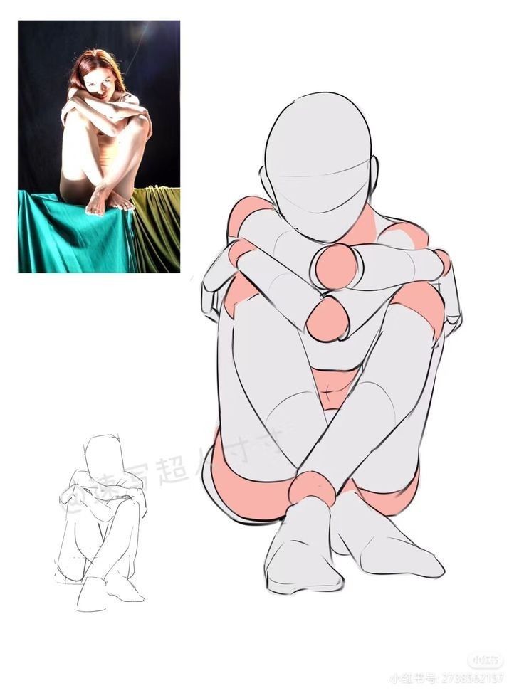 Illustration of a person sitting with knees up, referencing a photo of a similar pose, emphasizes structure and posture.