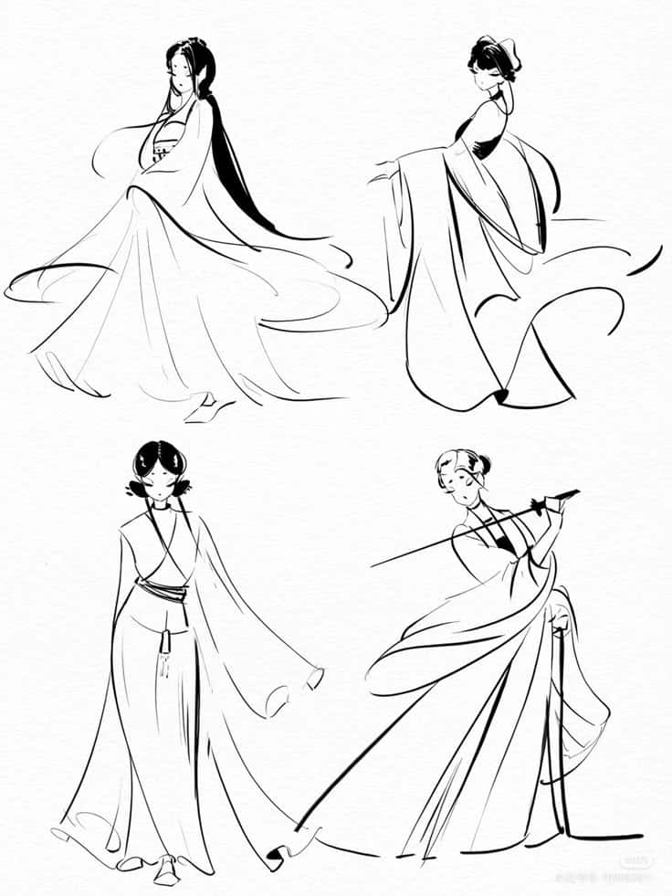 Elegant ink illustrations of four figures in traditional flowing robes and dynamic poses.