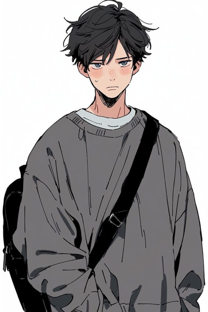 c78f3c37-7ba6-447c-a4a9-b0e1d077a07b Anime character with dark hair and freckles, wearing a grey sweatshirt and backpack, looking serious. | Sky Rye Design Anime character with dark hair and freckles, wearing a grey sweatshirt and backpack, looking serious.