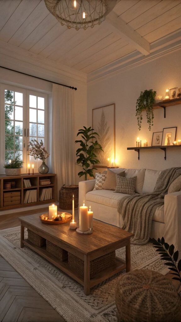 Cozy living room with candles, beige sofa, wooden table, and soft lighting, creating a warm and inviting atmosphere.