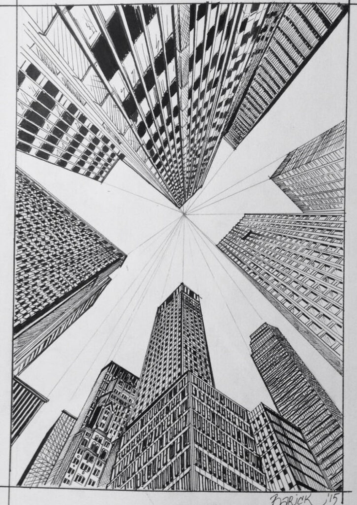 Skyscraper illustration with a perspective view converging upwards, emphasizing urban architecture style.