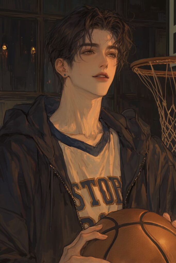 Illustration of a young man holding a basketball near a hoop, wearing casual sports attire, thoughtful expression.
