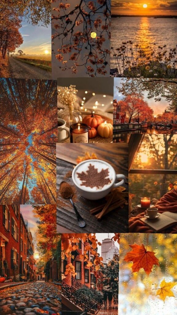 Collage of autumn scenes: colorful leaves, cozy drinks, sunsets, and decorated streets celebrating the beauty of fall.