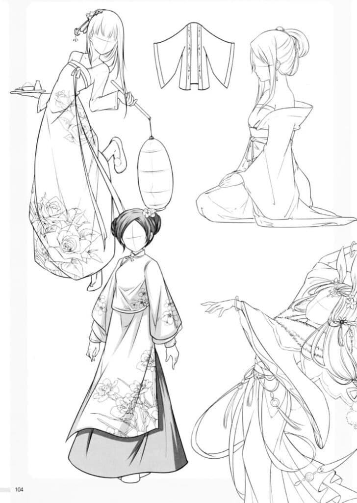 Anime sketches of figures in traditional floral kimonos, various poses and styles, with a kimono pattern detail.
