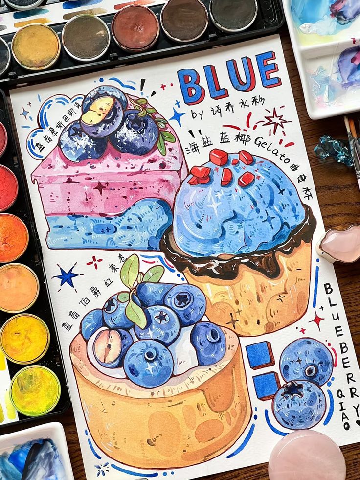 Artistic blueberry desserts illustration surrounded by watercolor paints, showcasing vibrant shades of blue and playful designs.