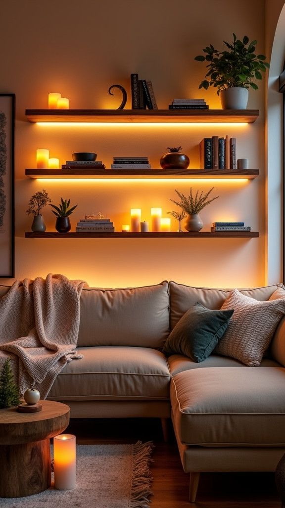 Cozy living room with warm lighting, shelves with candles and books, soft couch, and plants for a relaxing ambiance.