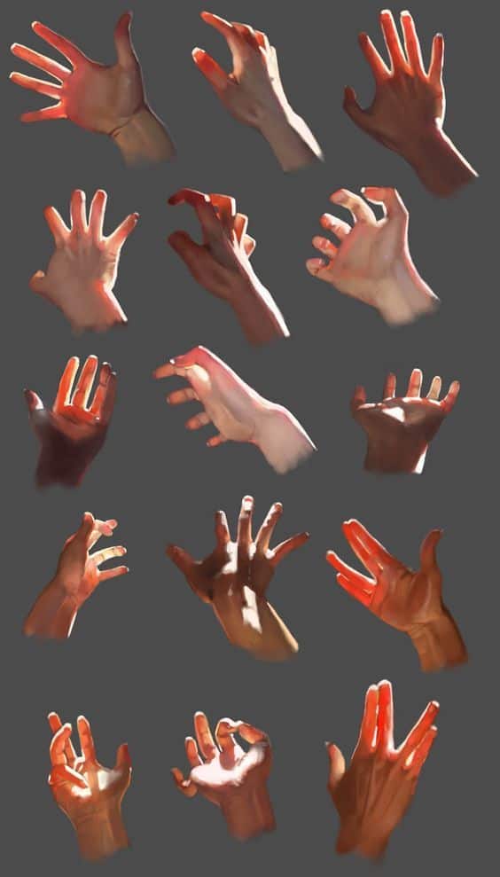 Illustrated hands in various poses on a gray background, showcasing gesture diversity and artistic lighting.