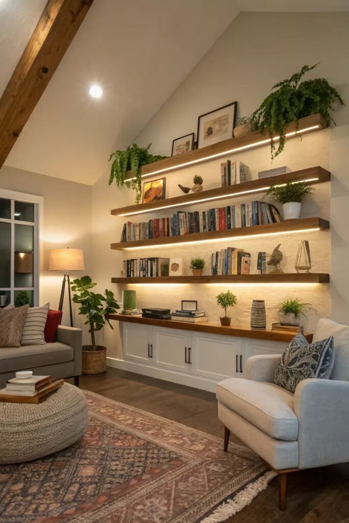 Cozy living room with wooden shelves, books, plants, and warm lighting, creating a relaxing and inviting atmosphere.