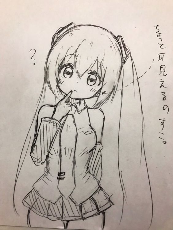 Anime character sketch with long hair, looking puzzled, with a finger on cheek, text in Japanese on the side.