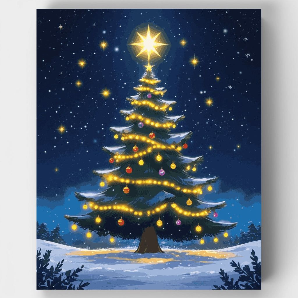 Illuminated Christmas tree with star topper, adorned with lights and ornaments, against a starry winter night sky.