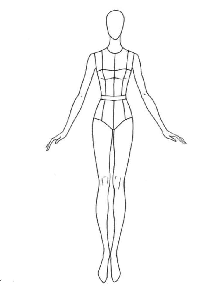 Fashion illustration template showing a stylized female figure for design sketches.