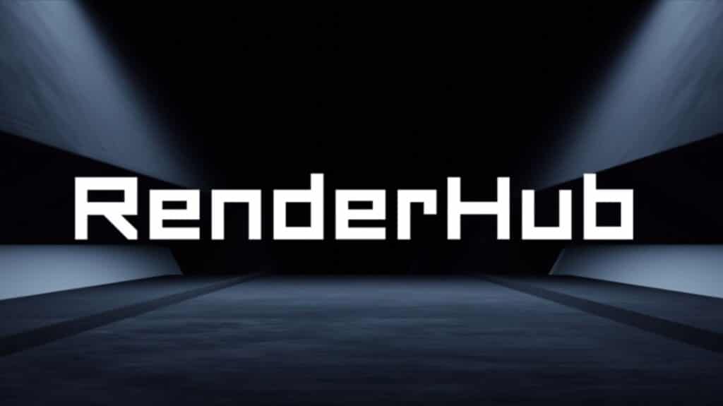 RenderHub logo on sleek, futuristic background with dark lighting and geometric design elements.