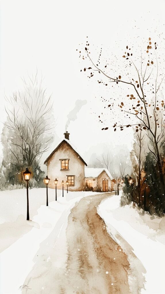Snowy winter scene with cozy cottage, lit lamps, and path framed by bare trees and falling snow.